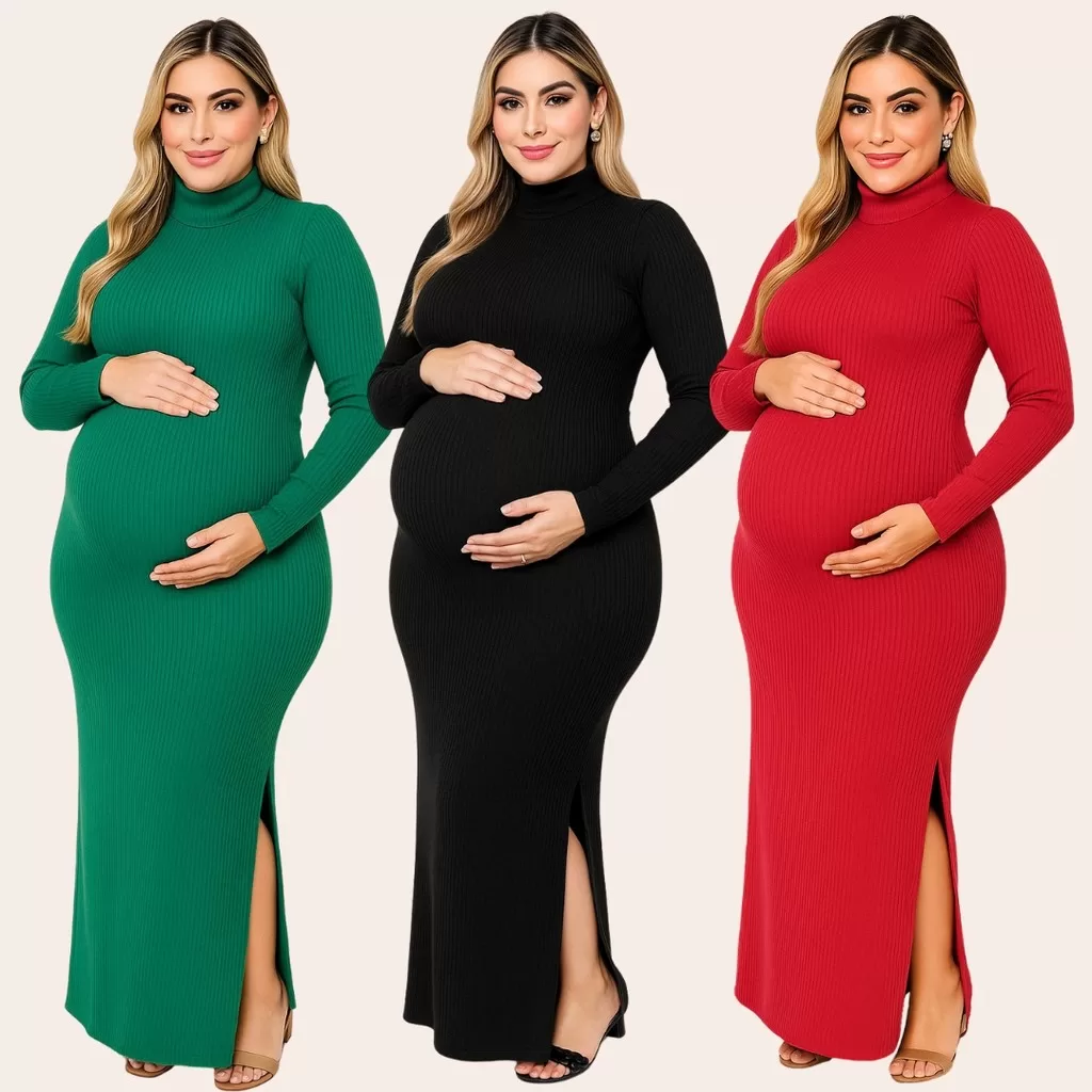 Vestido Maternidade Gestante Canelado Gola Alta e Fenda Lateral Moda de Inverno Gestantes Gravidez