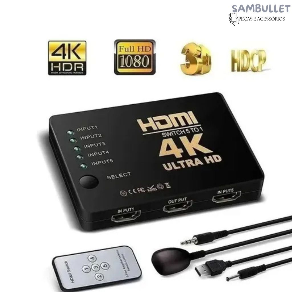 Switch Hdmi Hub 5×1 Splitter 4k Com Controle 1080p Selector