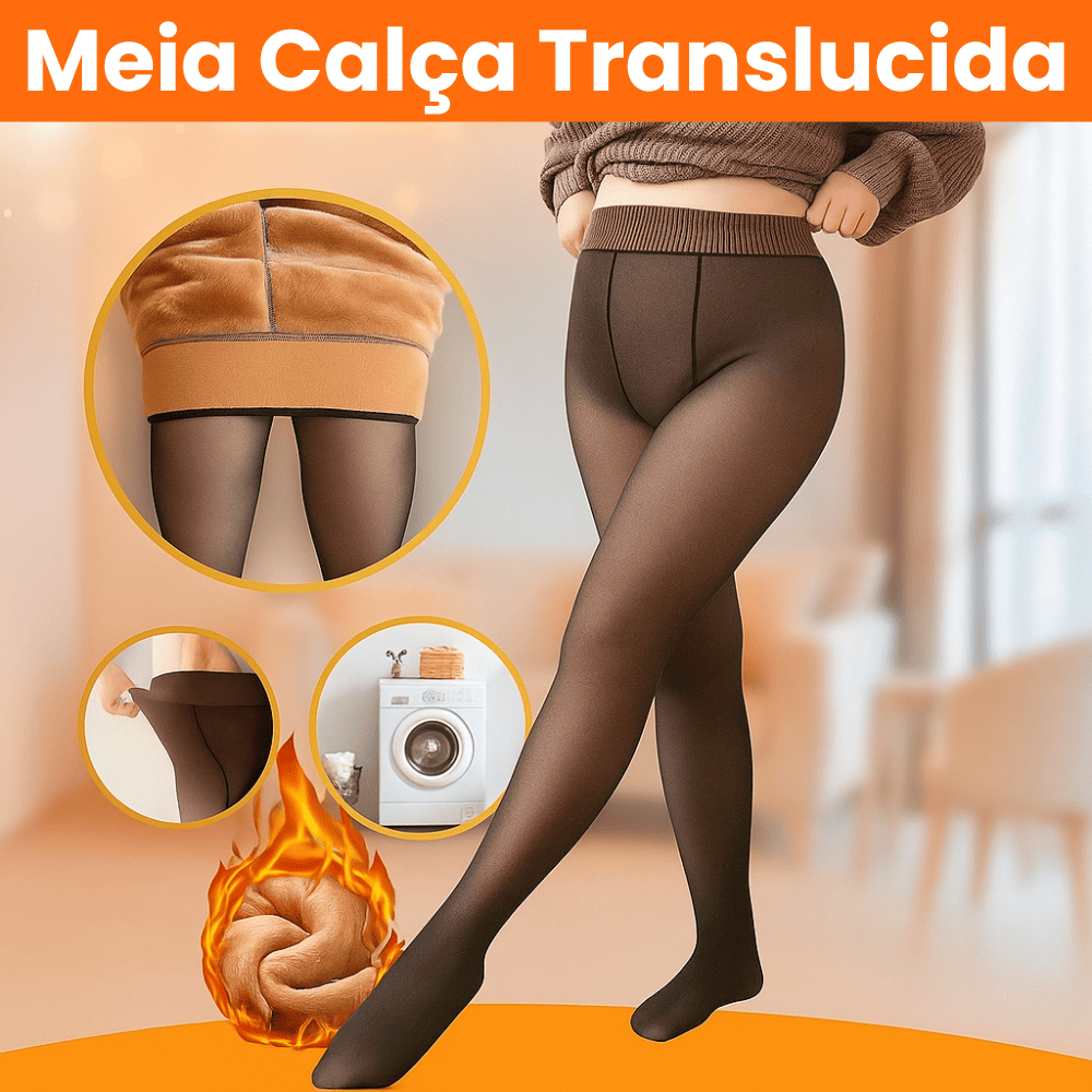 Meia-Calça Translúcida Lã Feminina Elástica Térmica Forrada Pelúcia Aveludada Tamanho 32x99cm Invern