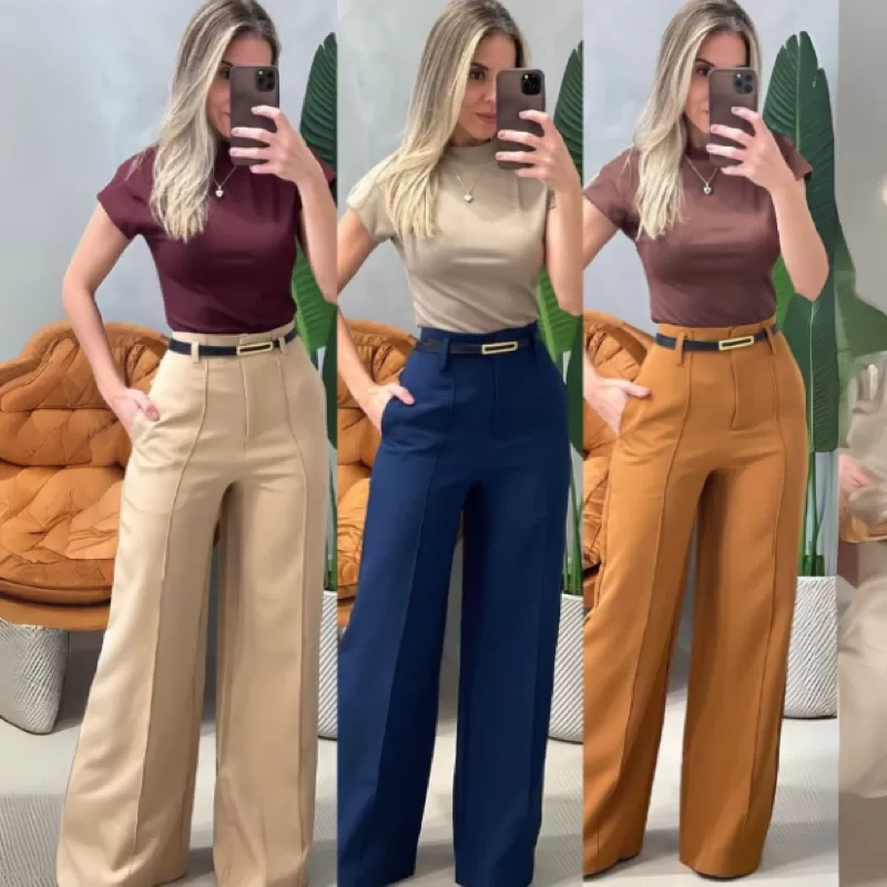Calça de Alfaiataria Feminina com Cinto Cintura Alta Look Elegante e Sofisticado