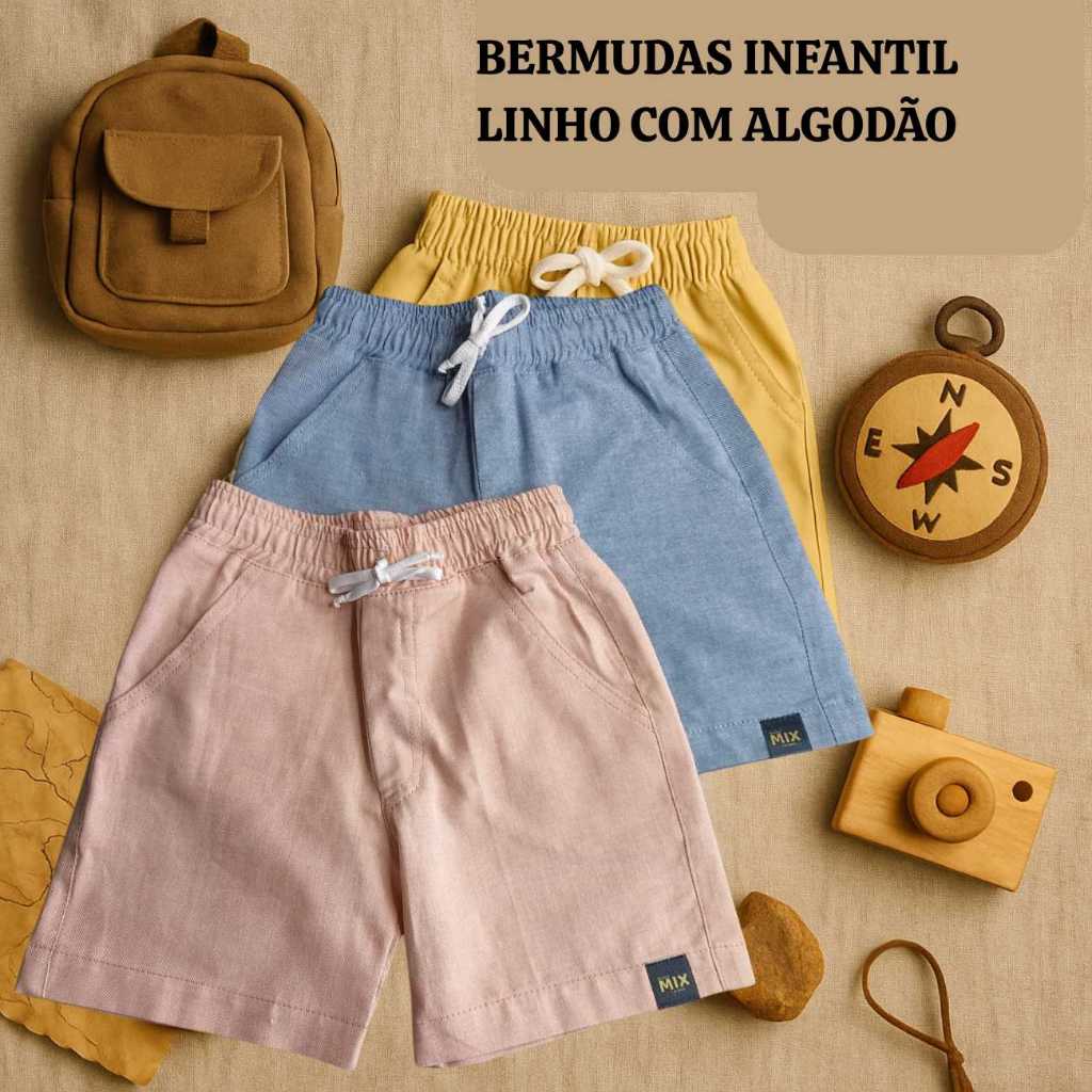 Kit com 2 Bermudas Mauricinho Infantil, Juvenil Masculino em Algodão Confortável