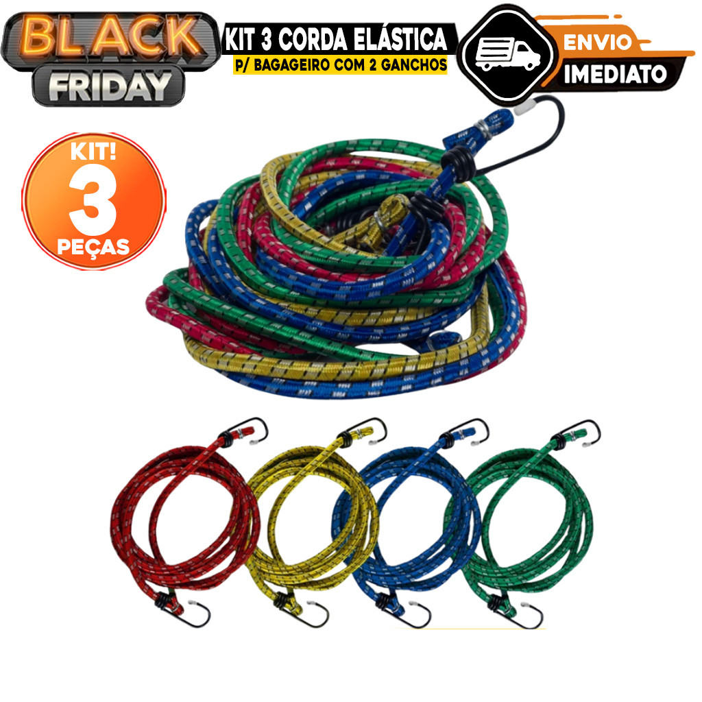 Kit 3 Corda Elástica p/ Bagageiro com 2 Ganchos Tam 1,50mt x 8mm Moto Motoboy Amarrar Bagagens Bike