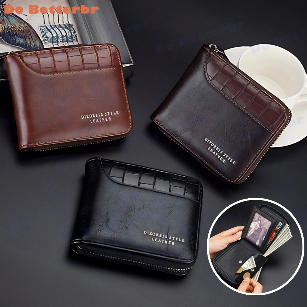 Carteira Curta Masculina Com Padrão De Pedra-Bolso Para Moedas Zíper Vários Cartões E Bordas Costura