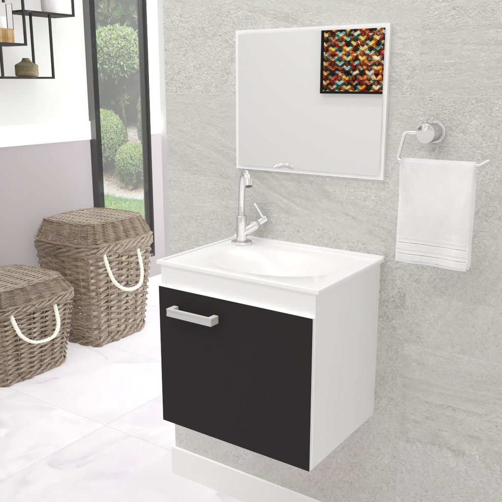 Gabinete Armário Pia Para Banheiro Com Cuba E Espelheira Bari Preto Completo