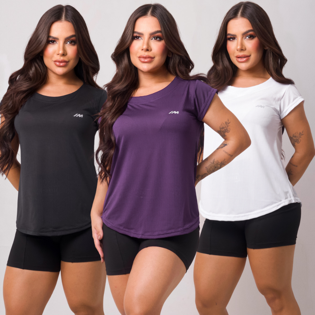 KIT 3 Camiseta Academia Feminina Dry Fit Treino Blusa Caminhada Treino Musculação