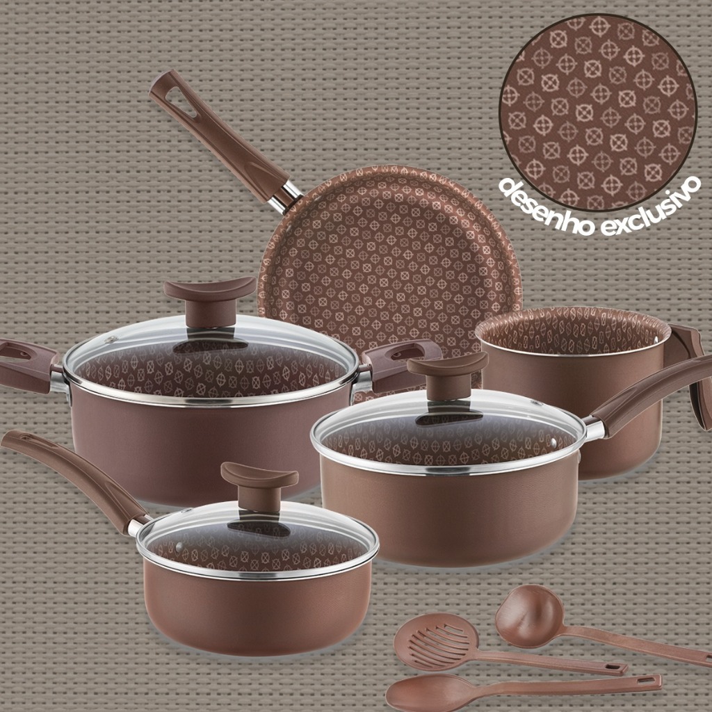 Jogo Panelas Antiaderente DItália Linha Disegno Alumínio Desenho Exclusivo 8 Peças Tampa Vidro