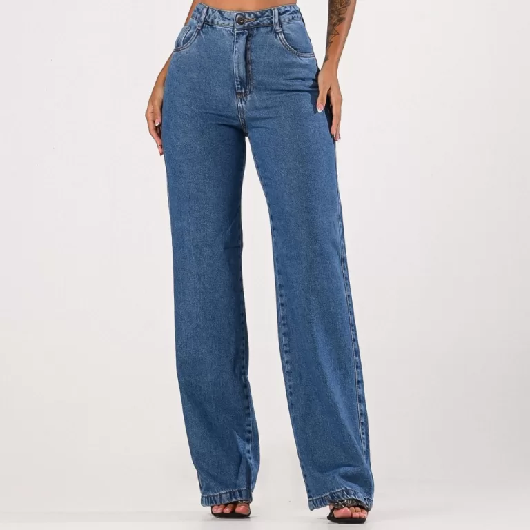 Calça Jeans Feminina Wide Leg Flare Pantalona 100