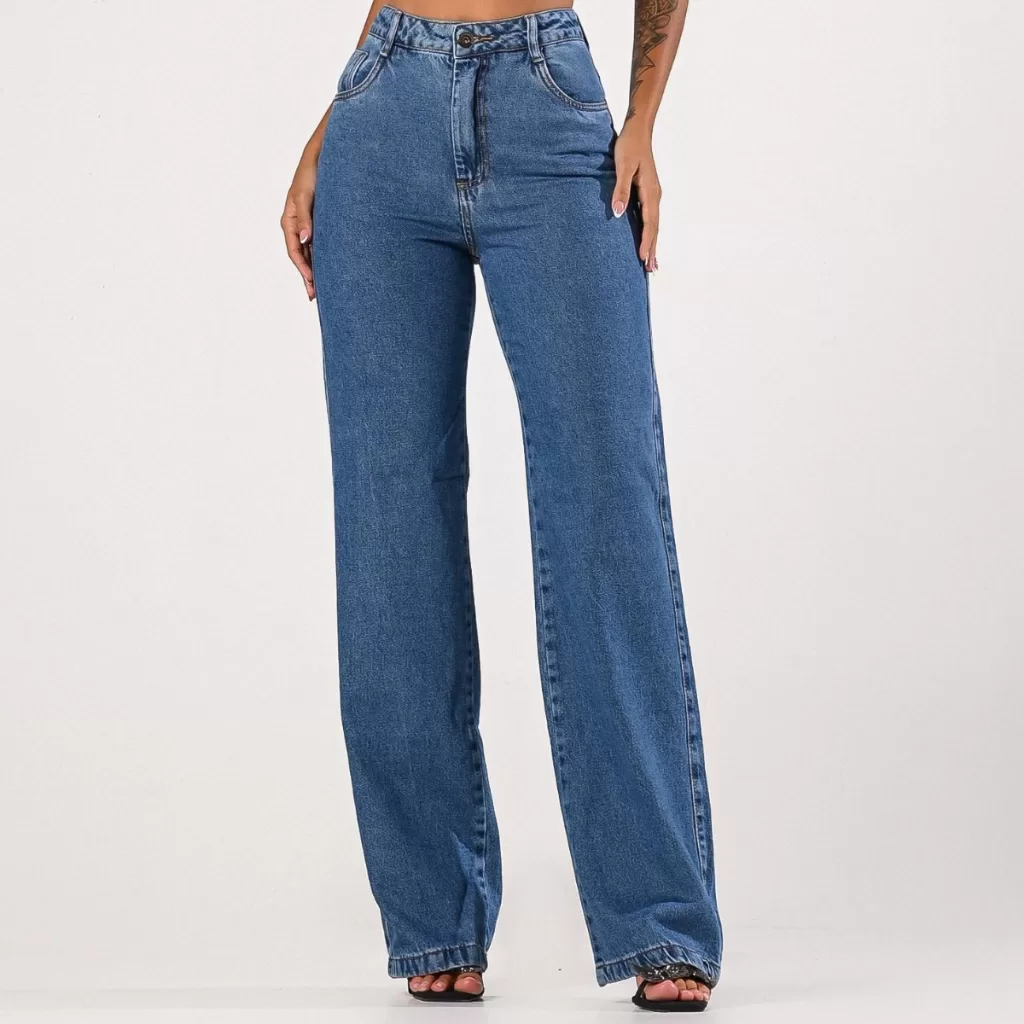 Calça Jeans Feminina Wide Leg Flare Pantalona 100% Algodão Cintura Alta  Valoriza o Bumbum