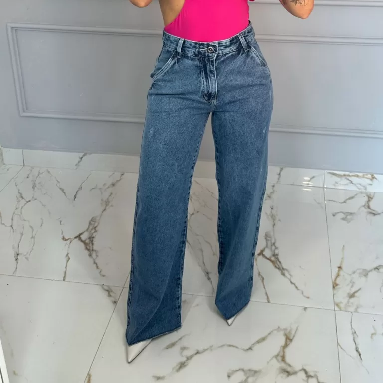Calça Jeans Feminina Wide Leg Cintura Alta Marmor