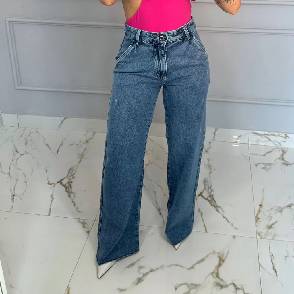 Calça Jeans Feminina Wide Leg Cintura Alta Marmorizada Sem Laicra Elastano Pantalona 100% Algodão Pr