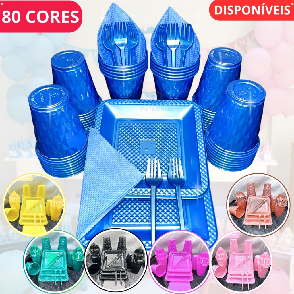 Kit 180 e 130 Itens Aniversário Descartável Diamante Quadrado Festa Pratos Copos Garfinhos Guardanap