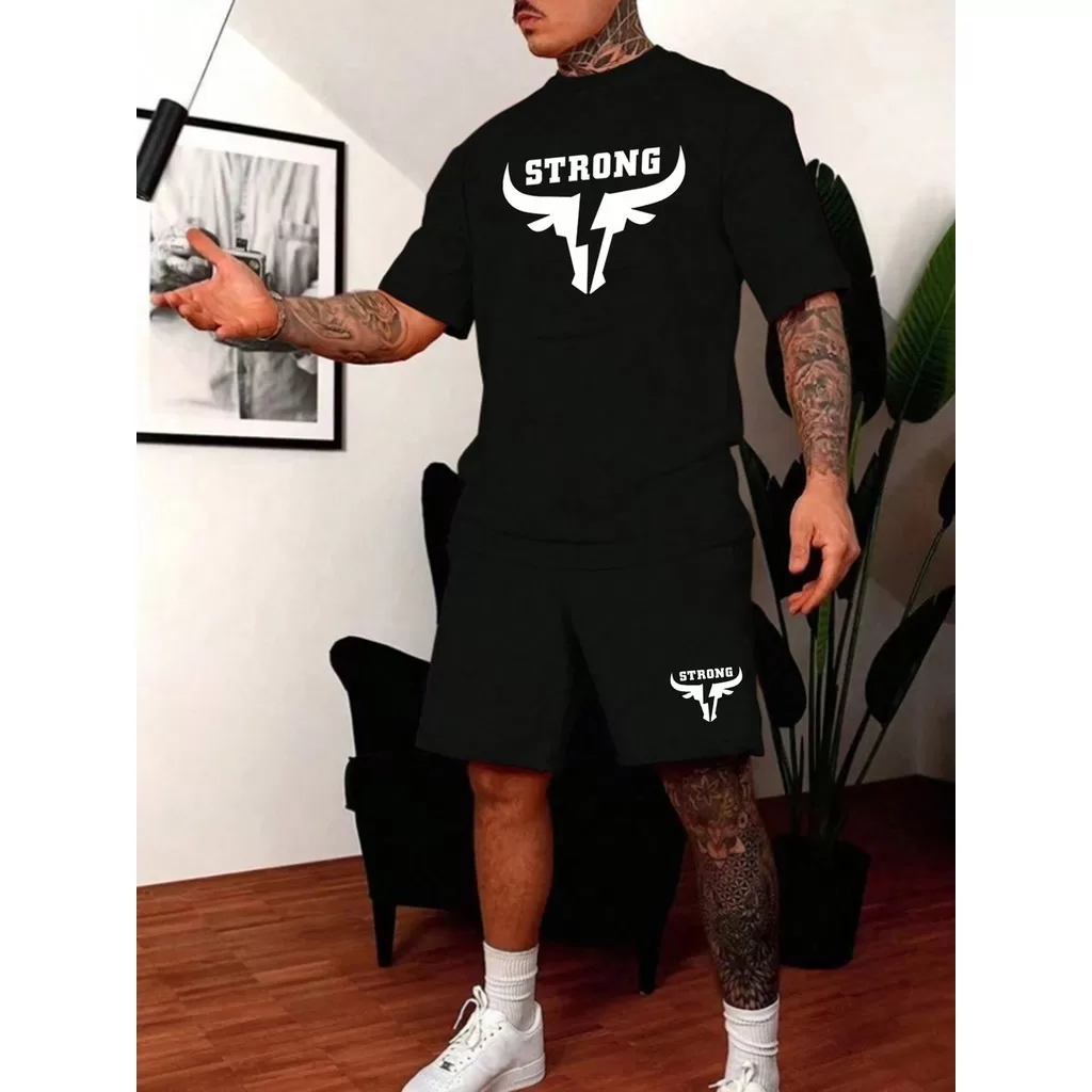 Conjunto masculino trap streetwear estiloso camiseta oversized e barmuda masculina STRONG