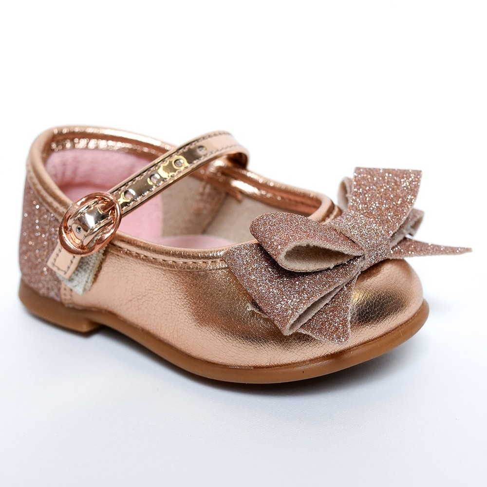 Sapatilha Molekinha Metalizada Laço Gliter Baby – Ouro Rosado