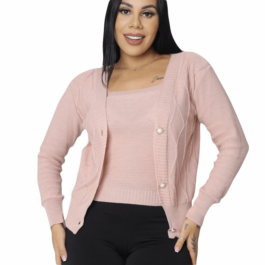 Casaco e Regata Tricô Feminino Conjunto Twinset Outono Inverno