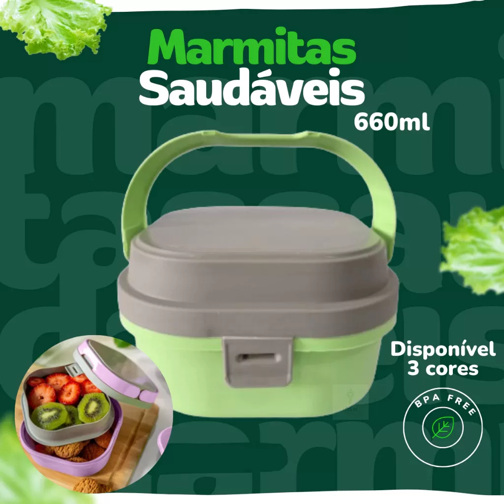 Marmita Com Divisoria Fitness 660 ml –  Pote Com Alças Hermético Lancheira Fit Micro-ondas e Freezer