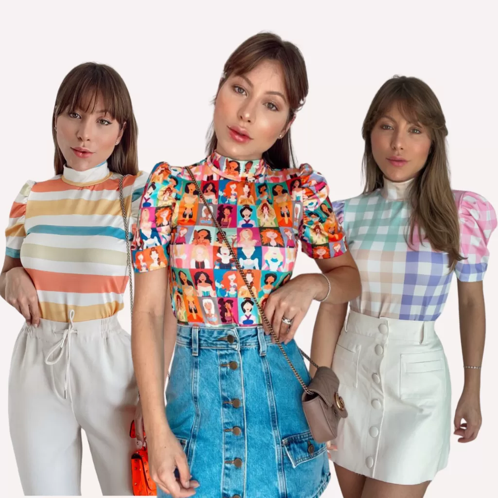 Blusa Princesa Básica Feminina Gola Alta Manga Princesa Bufante Malha Suplex Estampas Variadas