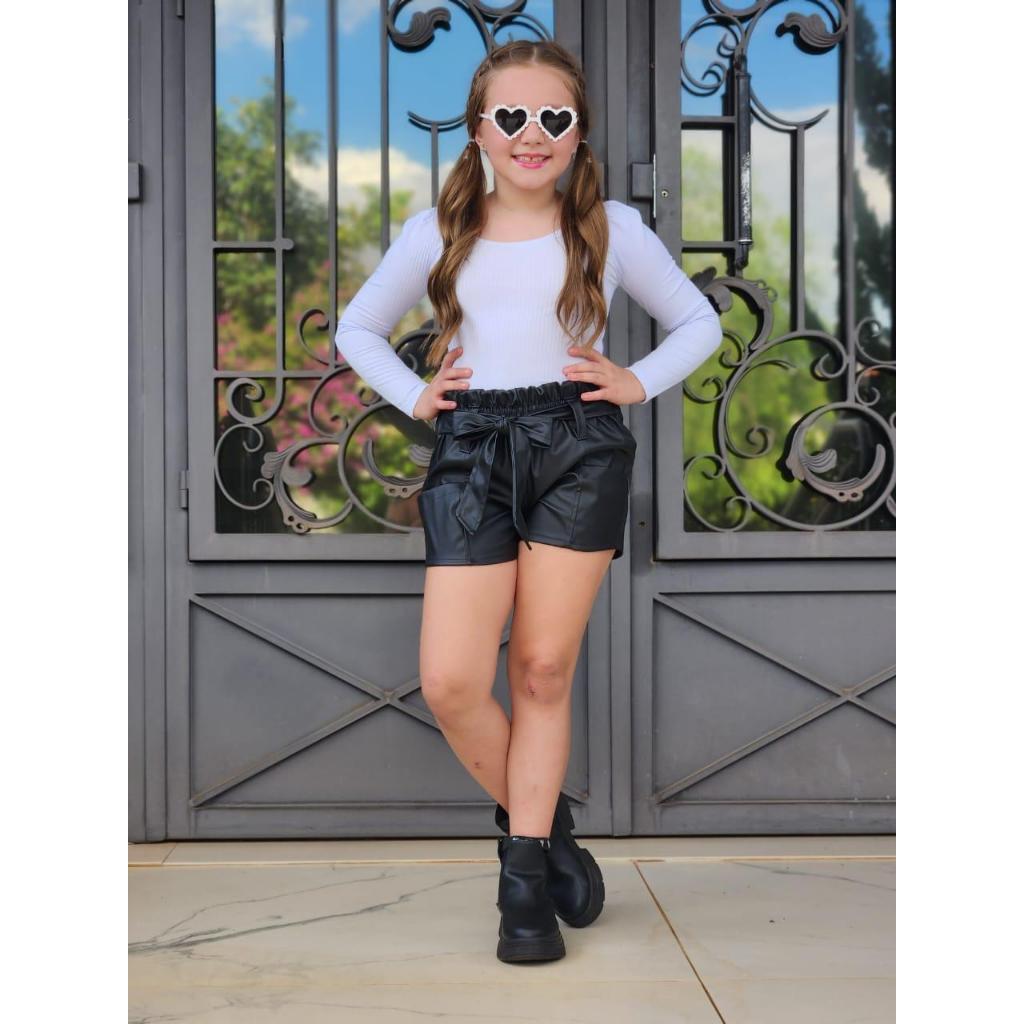 Conjunto Body Manga Longa Bufante  + Shorts Couro Infantil Menina Com Elegância e Conforto