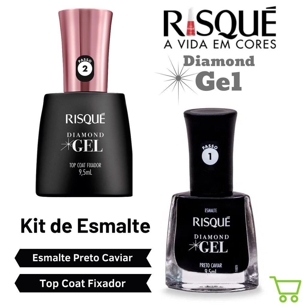 Kit Manicure  2 Esmalte Risqué Diamond Gel Preto Caviar E Top Coat Extra Brilho Pedicure Original