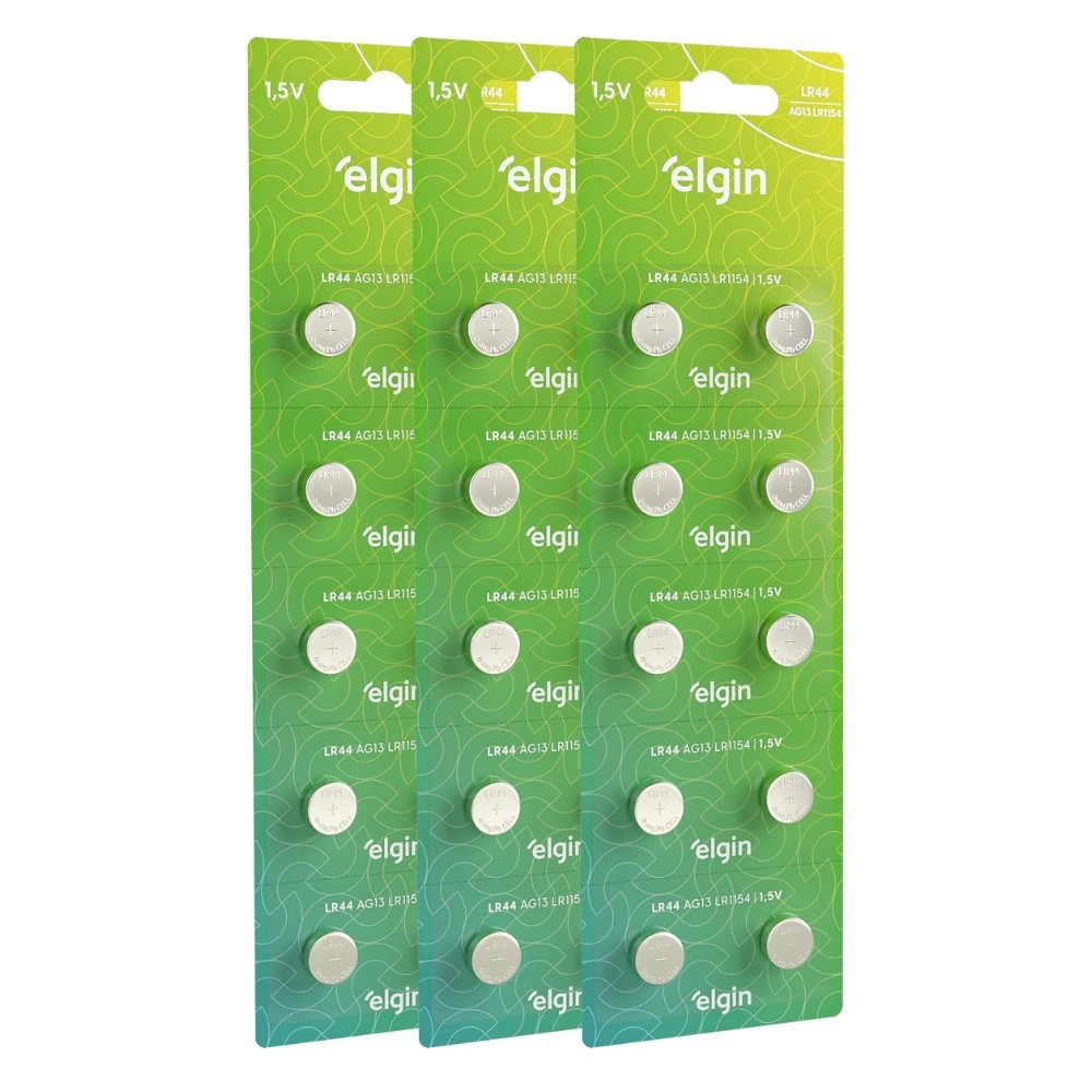 30 Baterias Pilhas Alcalina Lr44 1,5v Blister Cartela Elgin