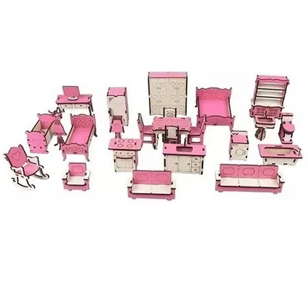 Móveis Casa de Boneca Branco e Rosa Brinquedo Infantil Miniatura Decoração Criança