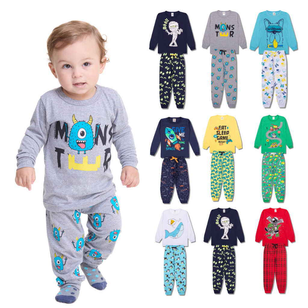 Kit Sortido 4 Peças Pijama Manga Longa Bebê Menino (2 Camisas + 2 Calças) Kit com 2 Pijamas de Roupa