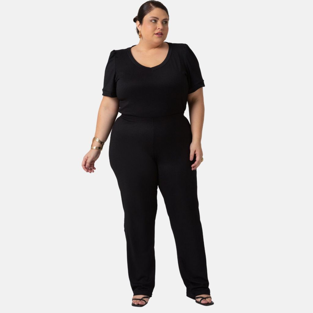 Conjunto Canelado Calça e Blusa Decote V Confortável Tamanhos Grandes 1211-1210