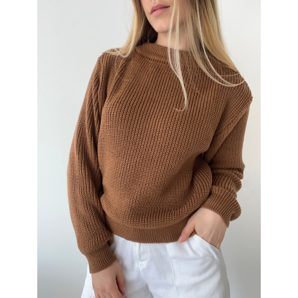 Blusa Tricô Inverno Ponto Fang Tricot Gola Redonda Manga Bufante