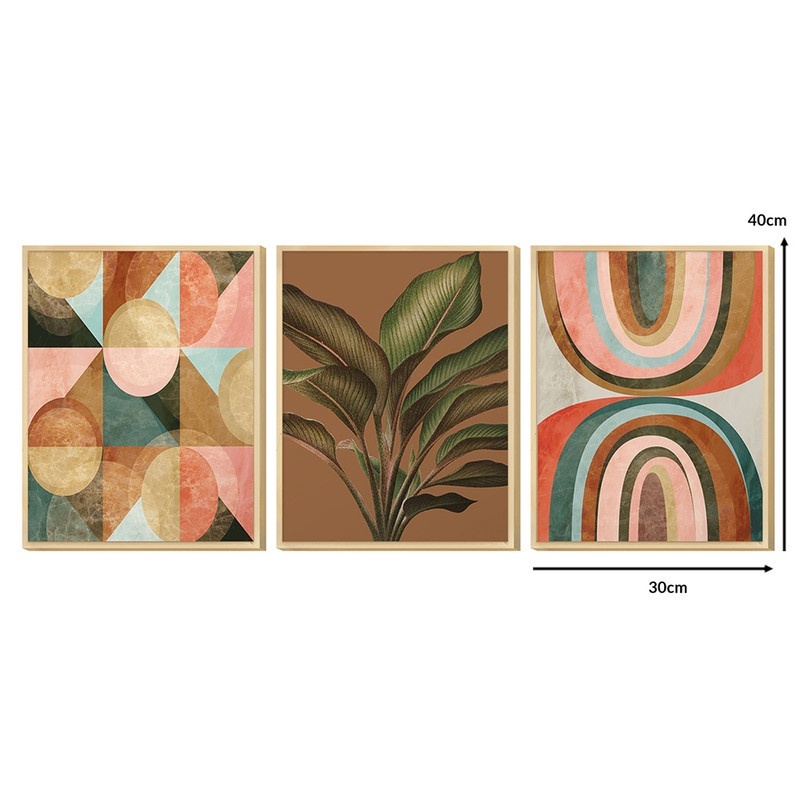Kit 3 Quadros Decorativos para Cozinha ou sala 40×30 Plantas Formas Coloridas Geométrico Tons Marrom