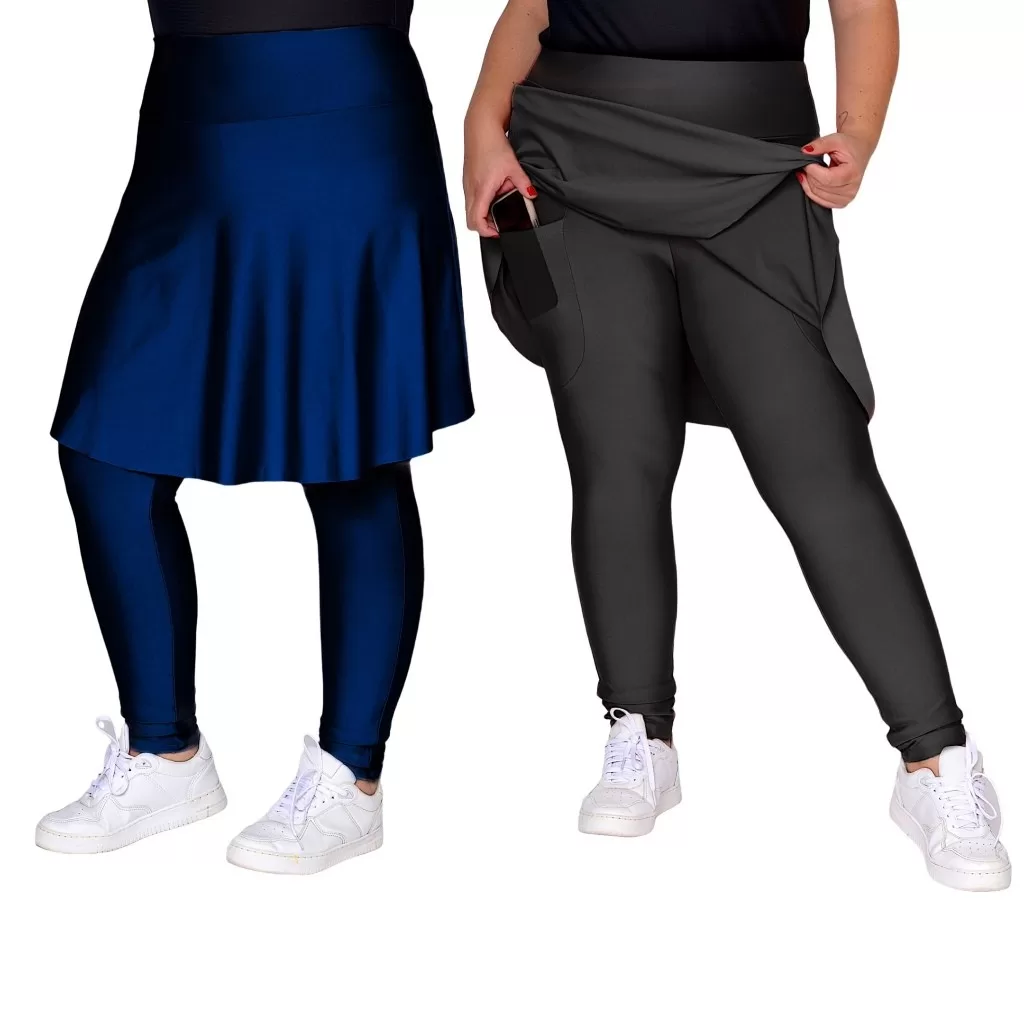 Calça Saia Com Bolso Preta Moda Plus Size Fitness Em Suplex