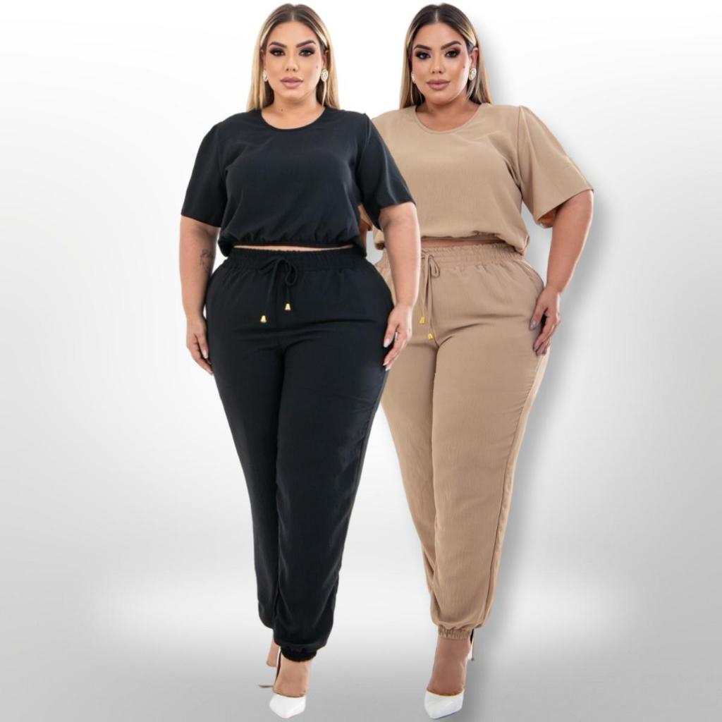 kit 2 conjuntos plus size calça jogger com forro e elástico e blusa com manga tamanho maior básico