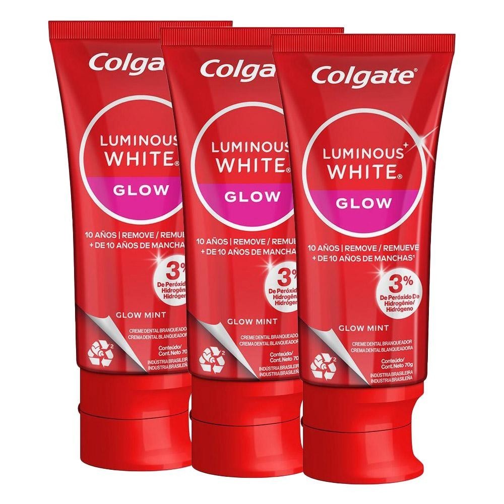 Kit com 3 Cremes Dentais Colgate Glow Mint Luminous White 70g