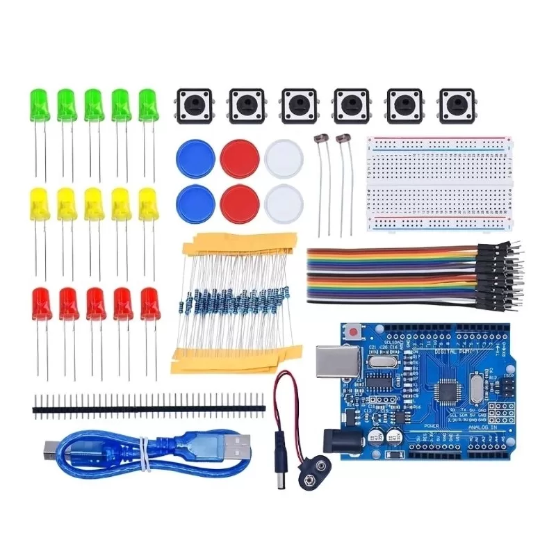 kit uno R3 itens componentes eletrônicos resistor, led botão.