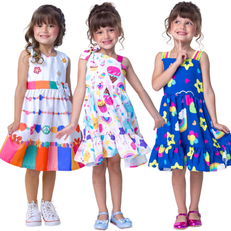Vestido Infantil Menina Estampado E Liso Com Laço