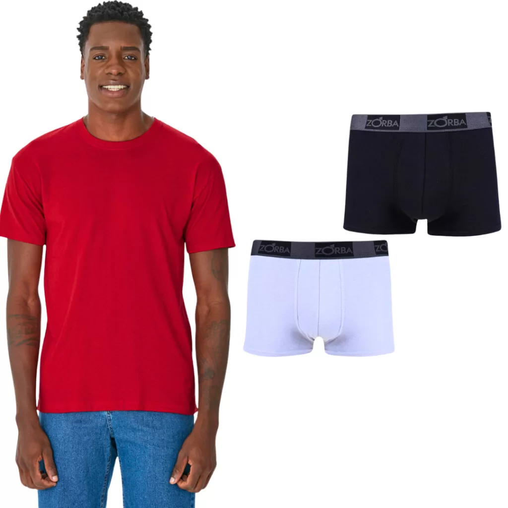 kit com 1 camiseta malwee vermelha e 2 cuecas boxer zorba 100% algodão