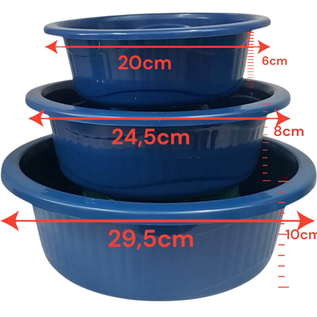 Bacia Plástica média e pequena canelada Kit Com 3 Cozinha Vasilhas