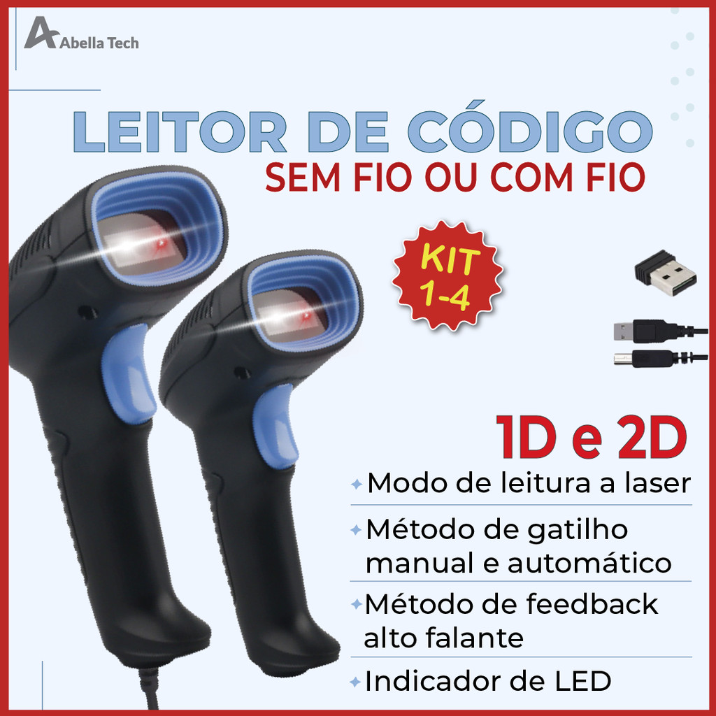 Leitor Código De Barras Scanner Portátil Laser Com Fio ou Sem Fio USB 1D/2D Leitor de Qr Code e Códi