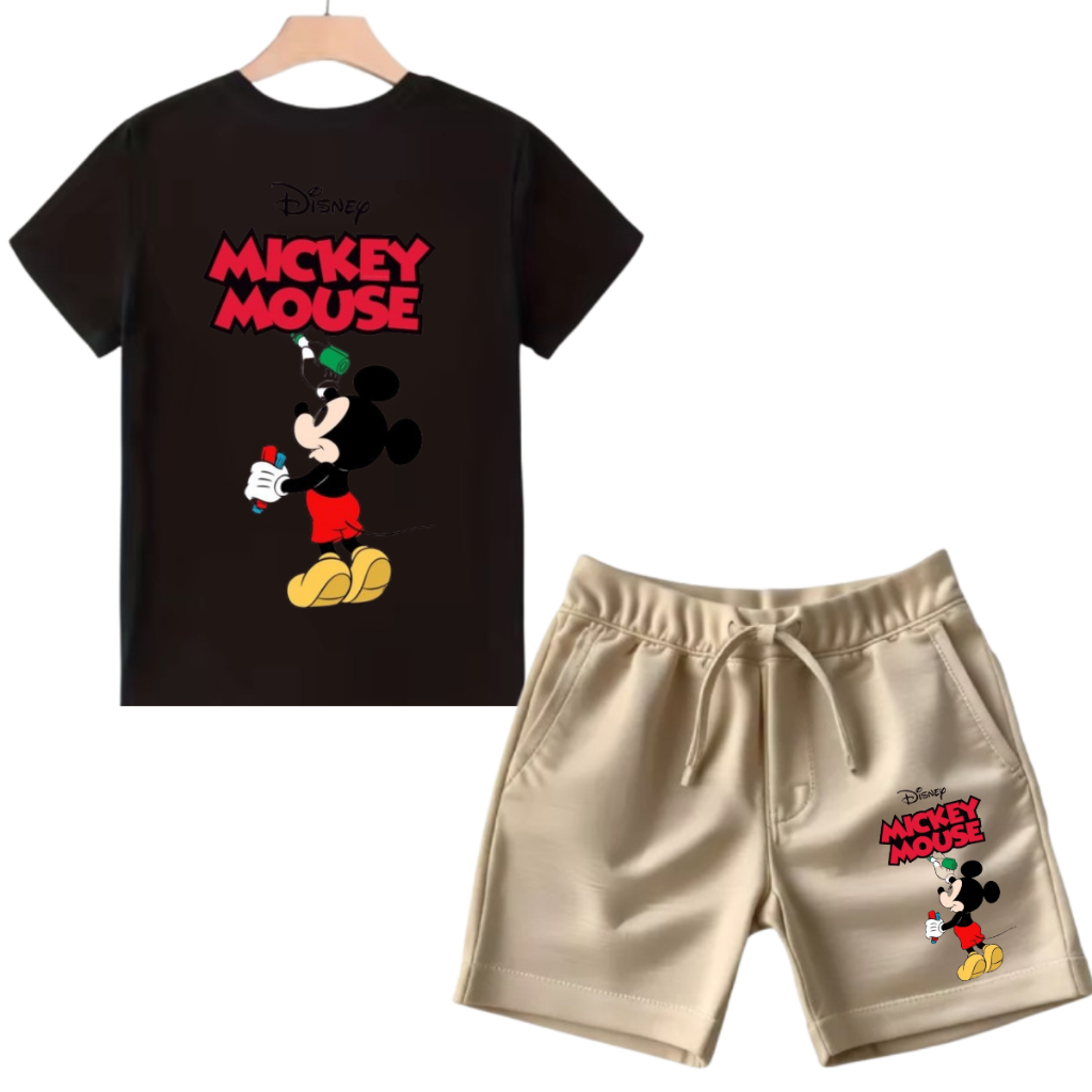 Conjunto infantil do Mickey menino, camiseta algodão premium bermuda de moletom, básico casual e de