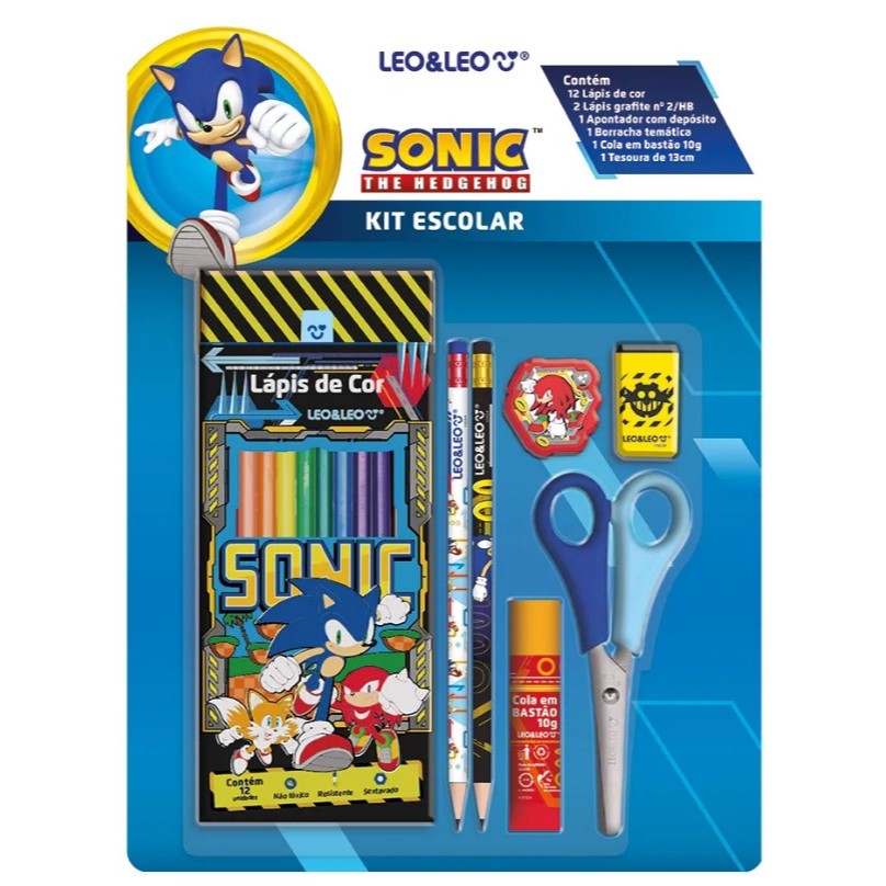 KIT LÁPIS DE COR SONIC (LÁPIS DE 12 CORES + LÁPIS HB + BORRACHA + APONTADOR + TESOURA + COLA BASTÃO)