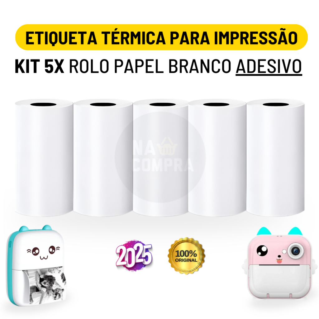 Kit 5 Bobina Etiqueta Térmica Adesiva 57x30mm Branco Rolo Para Mini Impressora Portátil