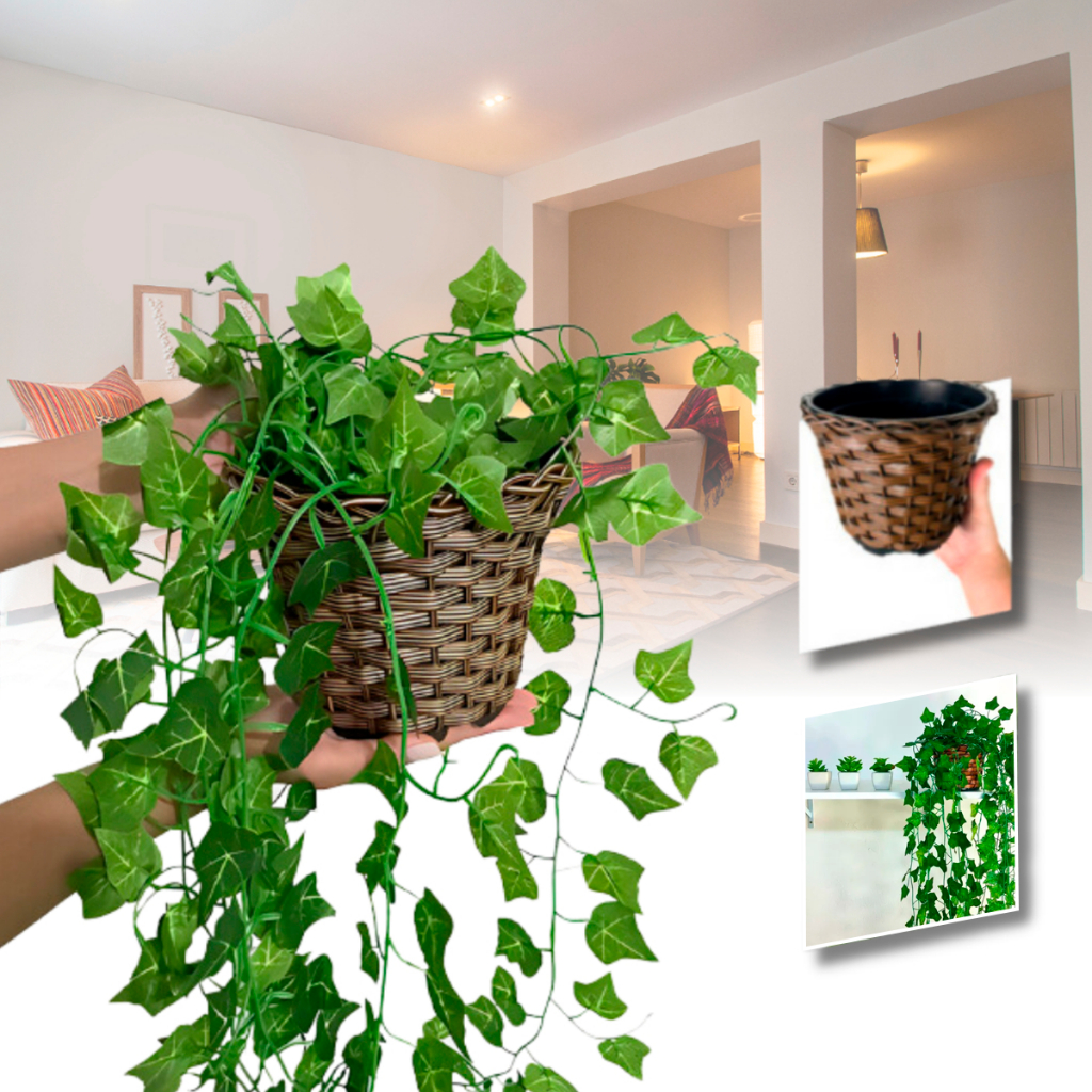 Planta Decorativa + Vaso Trançado Marrom 3 Pendentes Artificial Folhas de Hera Begonia Jiboia