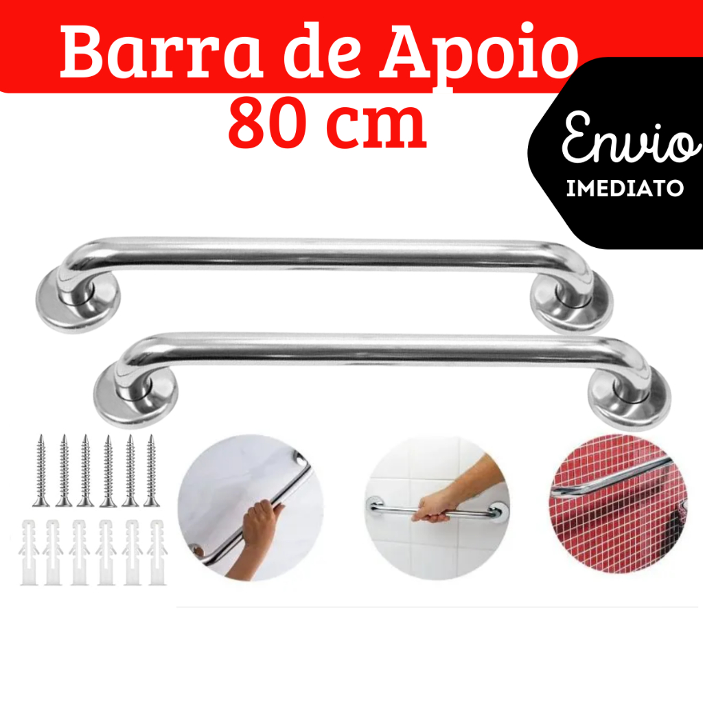 Barra de Apoio Inox 80cm para Banheiro | Alça de Segurança Idosos e Cadeirantes | Suporte Parede