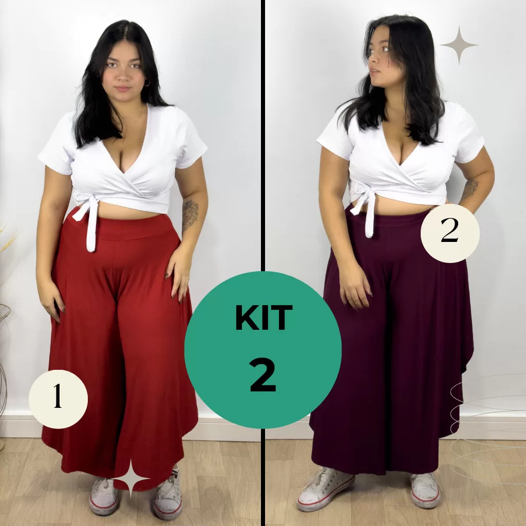 Kit 2 Calças Pantalona Pantacourt Feminina Em Godê Plus Size Viscolycra Tam Único G1 ao G4