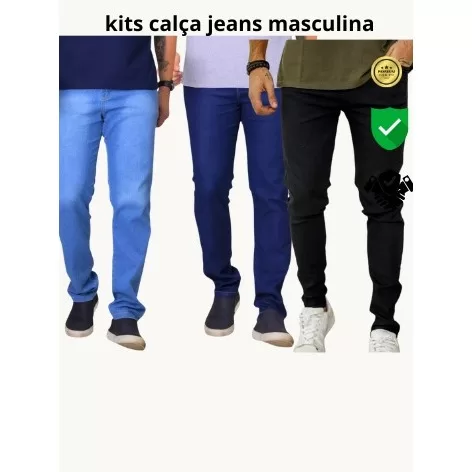 kit 3 calças jeans masculina com elastano promoç