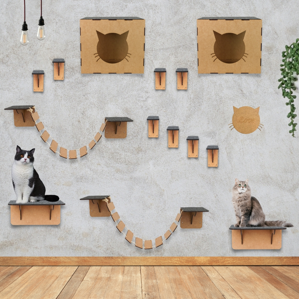 Playground de Gatos 14 peças com Carpete Ponte Degraus Escadinha Brinquedo Gato Pet Mdf 4mm