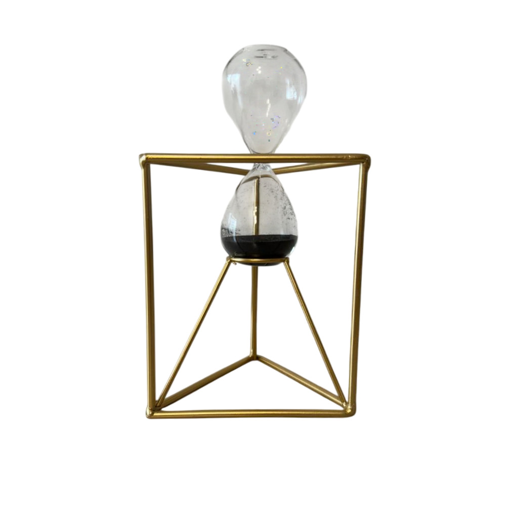 Ampulheta Decorativa Aramada Prisma com Vidro e Metal Dourada