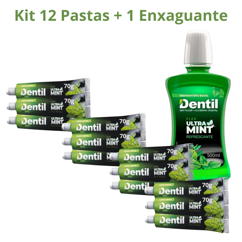 Kit Dentil: 1 Enxaguante Ultramint 500ml e 12 Cremes Dentais s/Fluor para uma Limpeza Completa