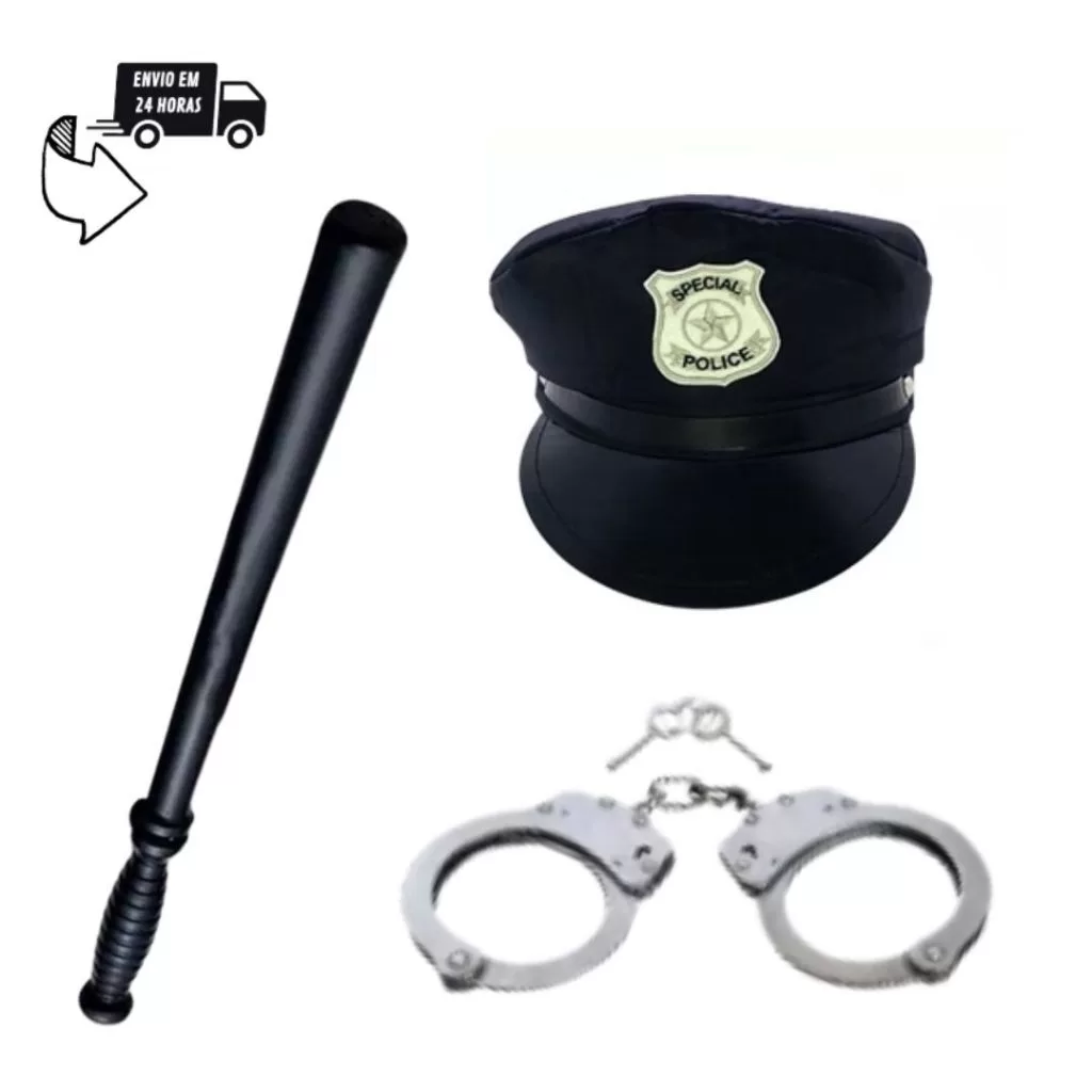 Fantasia Policial Quepe, Algema e Cacetete 3pç Carnaval Adulto Festa