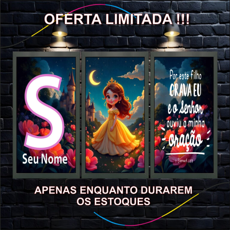 Quadro Decorativo Infantil Princesa, 3 Peças, Per