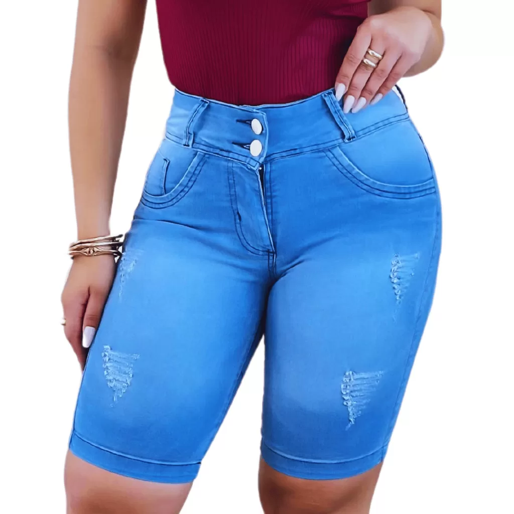 Short Jeans Feminino Pedal Esmaecido Lycra Cintura Alta Cós Alto Barra Reta da Moda Empina Bumbum
