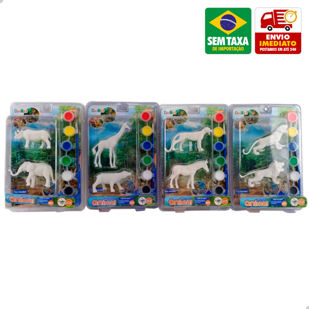 Kit Pintura Animais Selvagens 3D com 6 Tintas 1 Pincel e 2 Animais DuteToys DTE0325